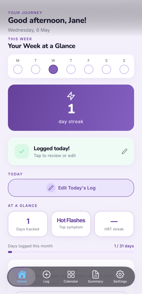 Clari app home screen showing logged symptoms, daily streak, and weekly overview